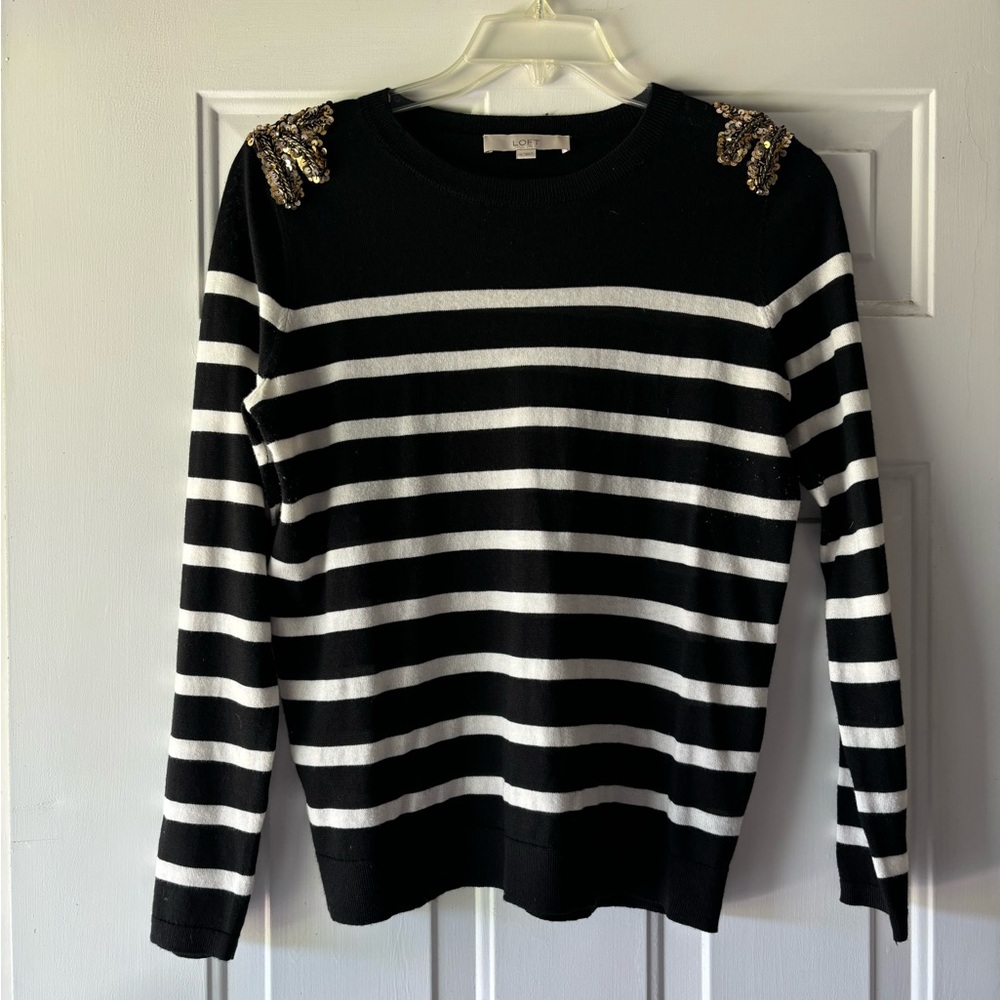 LOFT Black and White Striped Sweater with Gold Sequin Detail